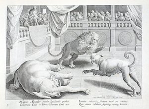 الإسكندر الأكبر يضع مشهدًا ، قتال أسد وكلب وفيل ، رسم توضيحي من "Venationes ، Ferarum ، Avium ، Piscium" (للصيد: Wild Beasts ، Birds ، Fish) ، نقش بواسطة Jan Collaert (1566-1628) ، حانة . بقلم فيليبس غالايوس ، أمستردام (نقش) بواسطة جان فان دير سترايت