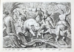 تُحدث الأفيال ضوضاء كبيرة لأنها تصطدم برماح الصيادين ، رسم توضيحي من "Venationes ، Ferarum ، Avium ، Piscium" (للصيد: Wild Beasts ، Birds ، Fish) ، نقش بواسطة Jan Collaert (1566-1628) ، حانة. بقلم فيليبس غالايوس ، أمستردام (نقش) بواسطة جان فان دير (1523 1605) Straet