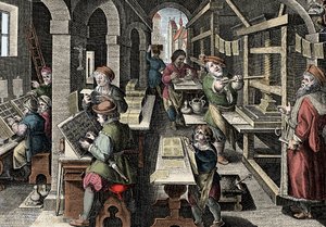 مكتب الطباعة ، c1600 - هولندا ، الطباعة: على اليسار تستخدم الأحرف الأحرف ، والمراحل المختلفة لإعداد الطباعة بإشراف طابعة رئيسية - نقش من "نوفا ريبيرتا" بقلم جيوفاني سترادانو (جان فان دير سترايت) (يوهان بواسطة جان فان دير سترايت