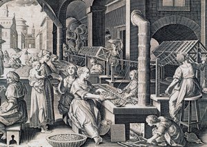 Vermis sericus, women spinning silk and heating silkworms on fire, engraving by Stradanus (1523-1605), Italy بواسطة جان فان دير سترايت