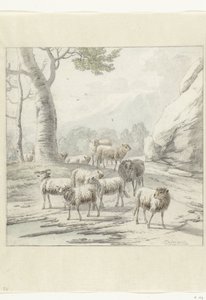 منظر طبيعي مع قطيع من الأغنام بالقرب من شجرة بواسطة جان فان دير مير (الثاني)