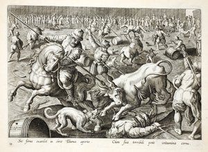 مصارعة مصارعة جماعية في حاوية ، توضيح من `` Venationes ، Ferarum ، Avium ، Piscium &39;&39; (للصيد: وحوش برية ، طيور ، أسماك) ، نقش بواسطة Jan Collaert (1566-1628) ، حانة. فيليب جاليوس ، أمست بواسطة جان فان دير سترايت