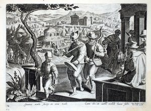 صيادو الطيور يخرجون للقبض على الطيور السوداء ، رسم توضيحي من "Venationes ، Ferarum ، Avium ، Piscium" (للصيد: وحوش برية ، طيور ، أسماك) ، منقوش بواسطة Jan Collaert (1566-1628) ، حانة. فيليب غال بواسطة جان فان دير سترايت