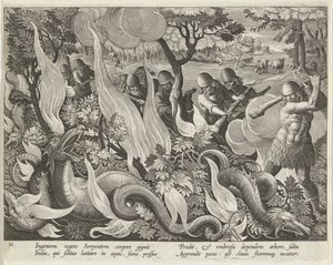 اصطياد الثعابين في الهند باستخدام النوادي والمصابيح لإضاءة الشجيرات ، حانة. 1640 نقش. بواسطة جان فان دير سترايت