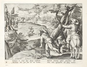 صيادون يصطادون الغربان ، رسم توضيحي من "Venationes ، Ferarum ، Avium ، Piscium" (للصيد: وحوش برية ، طيور ، أسماك) ، نقش بواسطة Jan Collaert (1566-1628) ، حانة. فيليب جاليوس ، أمستردام (eng بواسطة جان فان دير سترايت
