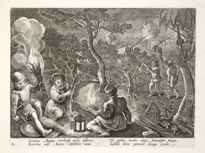 صيادون يصطادون الطيور ليلاً ، رسم توضيحي من "Venationes ، Ferarum ، Avium ، Piscium" (للصيد: وحوش برية ، طيور ، أسماك) ، نقش بواسطة Jan Collaert (1566-1628) ، حانة. فيليب جاليوس ، أمست بواسطة جان فان دير سترايت