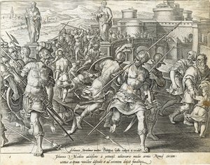جيوفاني دي ميديتشي محاط بروما ، اللوحة 1 من "تاريخ ميديتشي" ، نقشها فيليب جالي (1537-1612) ، c.1583 بواسطة جان فان دير سترايت