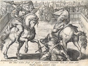 جيوفاني دي ميديشي يقتل خصمًا في مبارزة ، لوحة 5 من "تاريخ ميديشي" ، نقشها فيليب جالي (1537-1612) ، c.1583 بواسطة جان فان دير سترايت