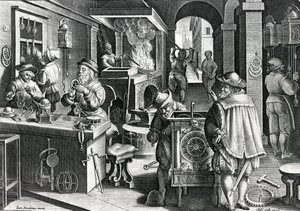 ساعة الساعات ، اللوحة 5 من &39;Nova reperta&39; منقوشة بواسطة Philips Galle ، c.1580-1605 بواسطة جان فان دير سترايت