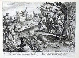 الصيادون الذين يستخدمون الصقور لمطاردة الأوز ، رسم توضيحي من "Venationes ، Ferarum ، Avium ، Piscium" (للصيد: وحوش برية ، طيور ، أسماك) ، منقوش بواسطة Jan Collaert (1566-1628) ، حانة. بواسطة فيليبوس غالايوس ، أ بواسطة جان فان دير سترايت