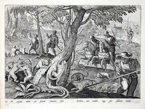 قطط الصيد مع الكلاب ، رسم توضيحي من "Venationes ، Ferarum ، Avium ، Piscium" (للصيد: وحوش برية ، طيور ، سمك) ، منقوش بواسطة Jan Collaert (1566-1628) ، حانة. فيليب جاليوس ، أمستردام (eng بواسطة جان فان دير سترايت
