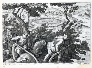 الصيد للبط ، رسم توضيحي من "Venationes ، Ferarum ، Avium ، Piscium" (للصيد: وحوش برية ، طيور ، أسماك) ، نقش بواسطة Jan Collaert (1566-1628) ، حانة. بواسطة فيليبوس غالايوس ، أمستردام (engravin بواسطة جان فان دير سترايت