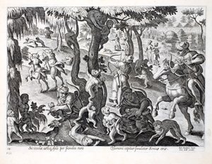قرود الصيد في الريف ، رسم توضيحي من "Venationes ، Ferarum ، Avium ، Piscium" (للصيد: وحوش برية ، طيور ، سمك) ، نقش بواسطة Jan Collaert (1566-1628) ، حانة. بواسطة فيليبوس غالايوس ، صباحا بواسطة جان فان دير سترايت