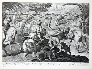 Moors on Horseback Hunting Ostriches، plate 62، Illustration from &39;Venationes، Ferarum، Avium، Piscium&39; (Of Hunting: Wild Beasts، Birds، Fish) ، منقوش بواسطة Jan Collaert (1566-1628) ، حانة. بواسطة فيليبس بواسطة جان فان دير سترايت