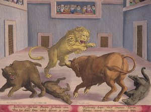 ساعة Noblemen Combat of Wild Beasts في سيرك داخلي ، اللوحة 12 من "Venationes Ferarum، Avium، Piscium" (الصيد: وحوش برية ، طيور ، أسماك) محفورة بواسطة Jan Collaert (1566-1628) نشرها Ph بواسطة جان فان دير سترايت