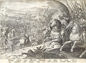 معركة لاباديا سي سينا والقديس أبوندا ، اللوحة 3 من "تاريخ ميديشي" ، نقشها فيليب جالي (1537-1612) ، c.1583 بواسطة جان فان دير سترايت