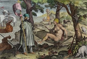 Vespucci Discovering America ، اللوحة 2 من "Nova Reperta" (اكتشافات جديدة) محفورة بواسطة Theodor Galle (1571-1633) c.1600 (تلوين لاحق) بواسطة جان فان دير سترايت