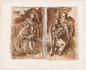 نصف صفحة من كراسة الرسم. العذراء والطفل والشخصية الثالثة بواسطة Jan van der Straet, called Stradanus