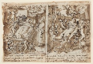 صفحة كراسة الرسم. القوى السماوية تساعد الأتقياء ؛ رسم لصورة القديس. زخرفة التبلور بواسطة Jan van der Straet, called Stradanus