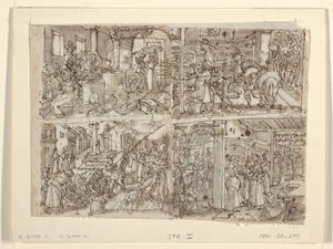 Recto: أربعة تصميمات أولية لسلسلة الطباعة "Vermis Sericus" (صناعة الحرير). أعلى اليسار: لف الحرير. أسفل اليسار: تحضير أوراق التوت. أعلى اليمين: ترتيب الأوراق على الرفوف. أسفل اليمين: تغذية أوراق التوت إلى ديدان القز. Ve