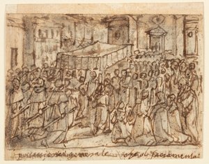 صفحة كراسة الرسم مع موكب مع المضيف والقداس البابوي بواسطة Jan van der Straet, called Stradanus
