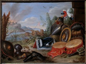 درع الأسلحة. اللوحة بواسطة Jan I Kessel The Old (1626-1679) Ec. Flam.