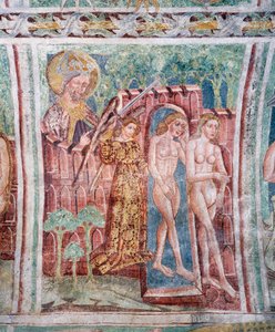كنيسة Hrastovlje المحصنة ، كنيسة الثالوث ، طرد آدم وحواء من الجنة (1490) ، تفاصيل من اللوحات الجدارية بواسطة Janez Iz Kastva ، سلوفينيا بواسطة جانيز كاستاف
