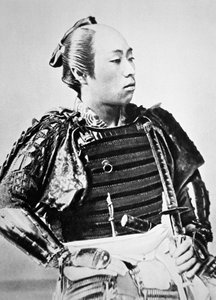 Samurai of Old Japan with traditional hairstyle (b/w photo)