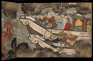 جنود صينيون على متن سفن ، رسم توضيحي من "تايشوكان" (حبر ولون على ورق) بواسطة المدرسة اليابانية