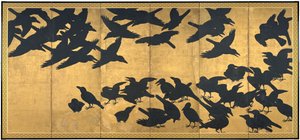 الغربان ، أوائل القرن السابع عشر (زوج من ست شاشات ، حبر وذهب على ورق) بواسطة المدرسة اليابانية