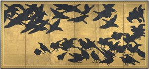 الغربان ، أوائل القرن السابع عشر (زوج من ست شاشات ، حبر وذهب على ورق) بواسطة المدرسة اليابانية