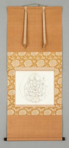 الرسم فاجراساتفا (ممثل جميع
بوذا) وأربعة بوديساتفاس,
القرن الثالث عشر وأوائل القرن الرابع عشر (لفيفة معلقة: حبر على ورق) بواسطة المدرسة اليابانية