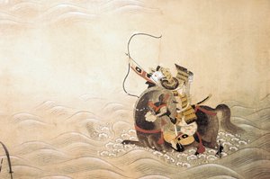 حلقة من حرب Genpei (Gen Pei) (1180-1185): ساموراي مسلح بقوس وركوب حصان يعبر نهرًا عند نقطة. الفن الياباني لمدرسة توسا