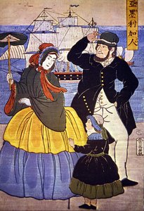 عائلة أوروبية في واجهة مرفأ يوكوهاما رسمها فنان ياباني عام 1861 بواسطة المدرسة اليابانية