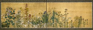 Japanese art: screen panels decorated with flowers. Style of the school of Rimpa (1596-1615). Painting on silk. Dim. 65x189 cm Private collection بواسطة المدرسة اليابانية