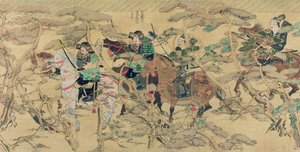 جنود يابانيون يركبون الخيل عبر غابة صنوبر خلال الغزو المنغولي لليابان عام 1274 ، صورة توضيحية من مجلة كوكا ، مايو 1921 بواسطة المدرسة اليابانية