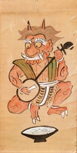 Kakemono يصور شيطانًا يلعب الشامسين (حبر ولون على لفافة ورق) بواسطة المدرسة اليابانية