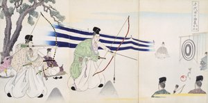النبلاء يمارسون الرماية ، من ألبوم Woodcuts (طباعة لوح خشبي ملون) بواسطة المدرسة اليابانية