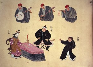 أو 961 صفحة 21 ، الموسيقيون وفناني الأداء ، من "الأداء الموسيقي لريوكيو" ، حوالي 1800-50 (رق) بواسطة المدرسة اليابانية