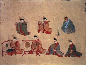 أو 961 صفحة 5 سبعة موسيقيين جالسين ، من العروض الموسيقية لريوكيو ، حوالي ١٨٠٠-٥٠ (قلم وحبر وألوان مائية على ورق) بواسطة المدرسة اليابانية