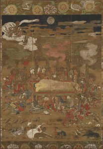 Parinirvana من Sakyamuni ، بوذا التاريخي (الحبر واللون والذهب على الحرير) بواسطة المدرسة اليابانية