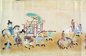جزء من السفارة الكورية السادسة في اليابان في وقت خلافة توكوغاوا إيتسوناس في عام 1651 ، ربما بواسطة كانو ماسونوبو (1625-1694) 1655-57 (لوحة التمرير) بواسطة المدرسة اليابانية