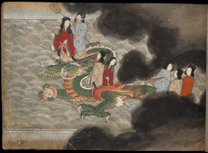 أشخاص يركبون تنينًا ، رسم توضيحي من "تايشوكان" (حبر ولون على ورق) بواسطة المدرسة اليابانية
