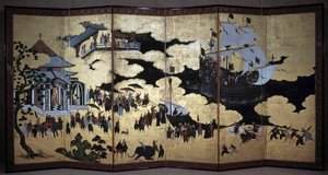 شاشة "برتغالية" تمثل وصول المبشرين البرتغاليين اليسوعيين إلى اليابان في القرن السادس عشر. 1590-1614. مدرسة كانو (؟) لشبونة. المتحف الوطني للفنون القديمة بواسطة المدرسة اليابانية