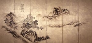 Recto: منظر طبيعي بعد Mi Fei ، حوالي عام 1810 (حبر على ورقة ذهبية) بواسطة المدرسة اليابانية