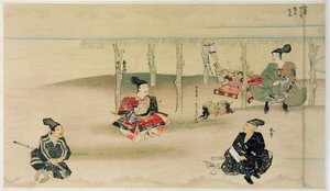 الساموراي تاكيزاكي يسلم رؤوس اثنين من الغزاة المغول إلى Adachi Morinume خلال الغزو المنغولي لليابان عام 1274 ، صورة من مجلة كوكا ، مايو 1921 بواسطة المدرسة اليابانية