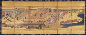 شاشة بستة أضعاف مع Noh Play Funa-Benkei ، حوالي 1660 (ملون وحبر وذهبي على ورق) بواسطة المدرسة اليابانية