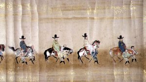 السفارة الكورية السادسة في اليابان في ميريكي 1 في وقت خلافة توكوغاوا ليتسونا في عام 1651 ، ربما بواسطة كانو ماسونوبو (1625-1694) (لوحة التمرير) (التفاصيل) بواسطة المدرسة اليابانية