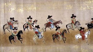السفارة الكورية السادسة في اليابان في ميريكي 1 في وقت خلافة توكوغاوا ليتسونا في عام 1651 ، ربما بواسطة كانو ماسونوبو (1625-1694) (لوحة التمرير) بواسطة المدرسة اليابانية