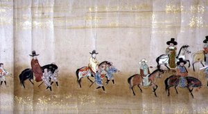 السفارة الكورية السادسة في اليابان في ميريكي 1 في وقت خلافة توكوغاوا ليتسونا في عام 1651 ، ربما بواسطة كانو ماسونوبو (1625-1694) (لوحة التمرير) (التفاصيل) بواسطة المدرسة اليابانية